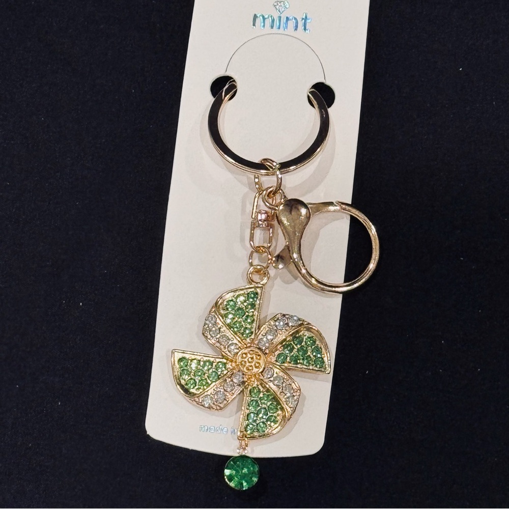 BAG CHARM Mint Green and Clear Sparkling Gold Pinwheel Dangle Crystal Keychain